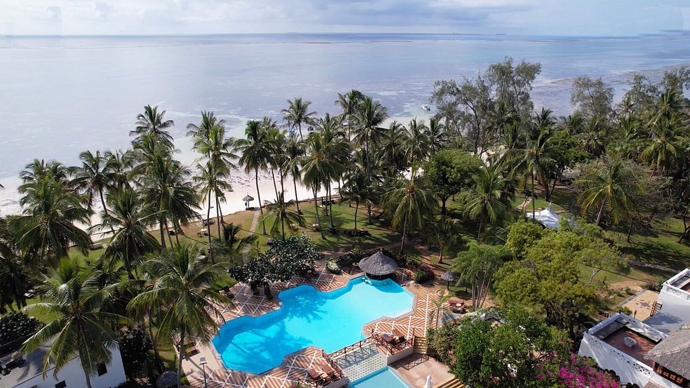 Aerial view of the pool and beach at Serena Beach Resort, Mombasa