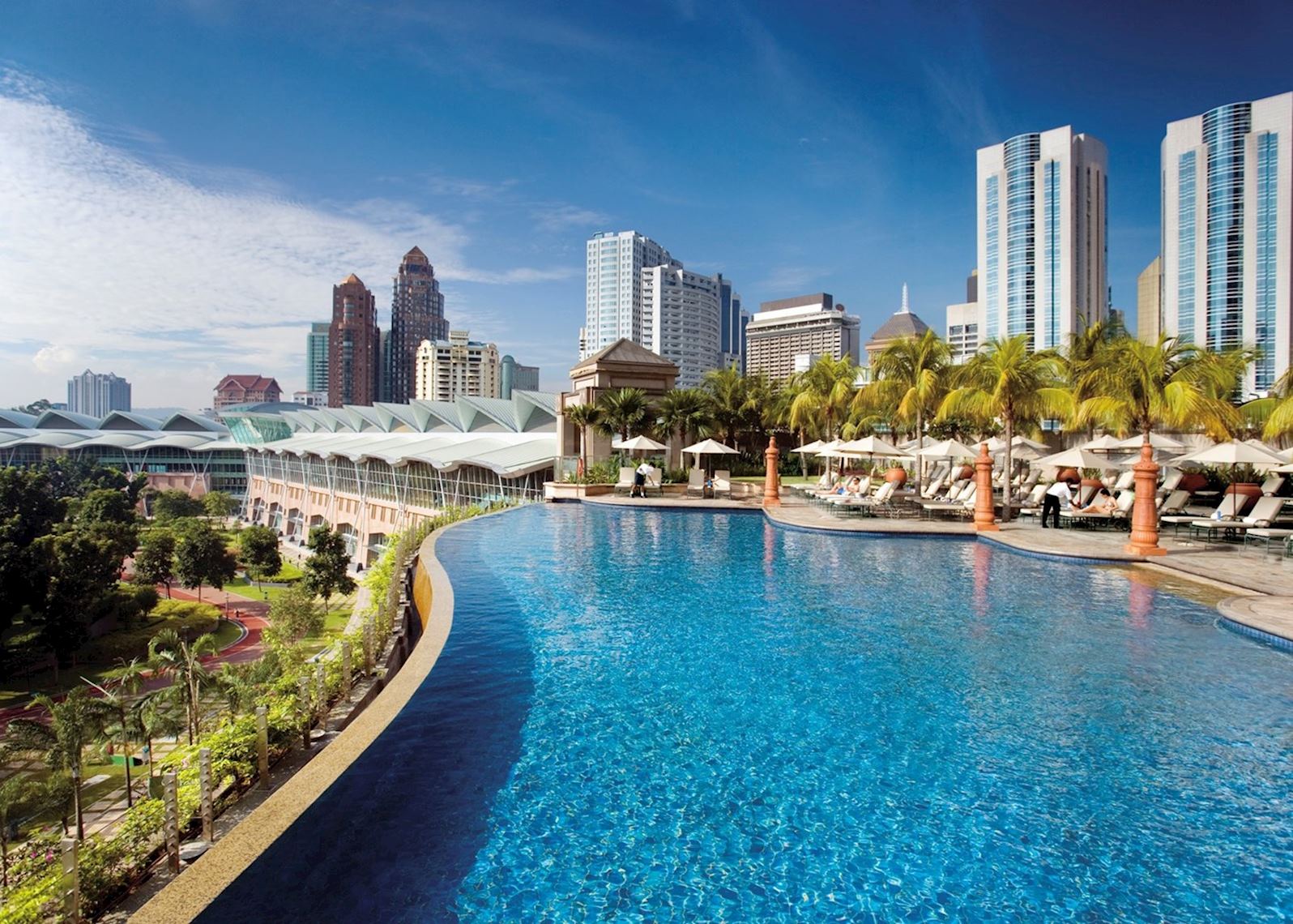 Infinity pool at the Mandarin Oriental Kuala Lumpur with the KLCC skyline behind it