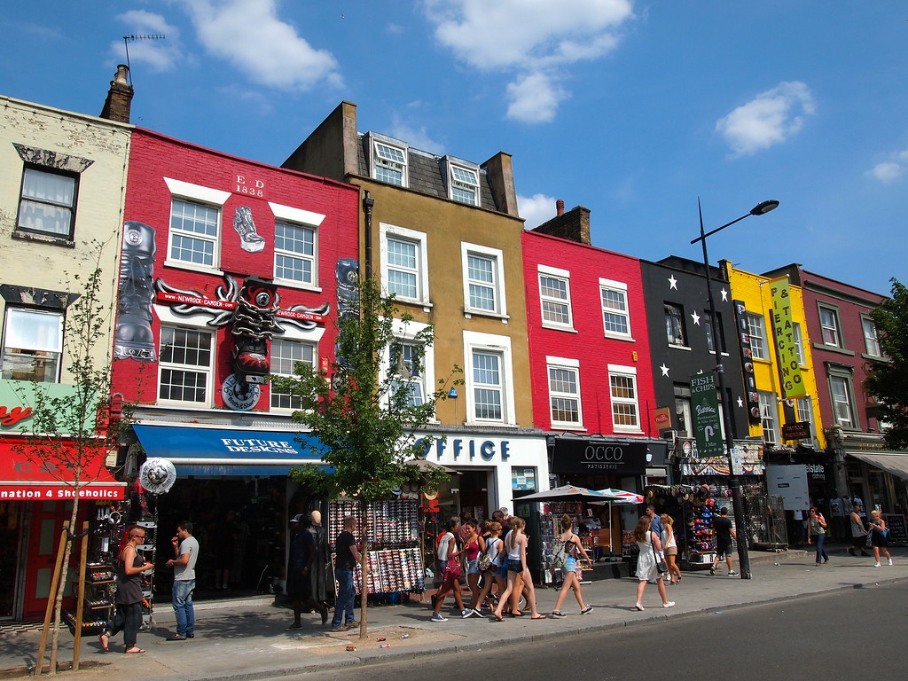 Colourful shopfronts on a street in Camden Town
