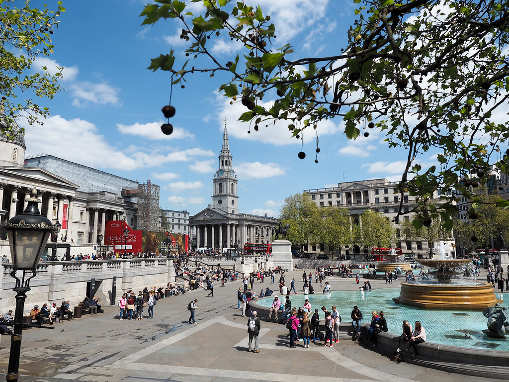 Trafalgar Square fountains with the National Gallery in the background