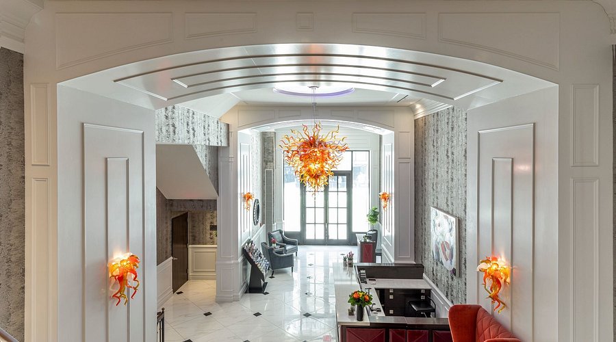 Broadway Plaza Hotel lobby with chandelier