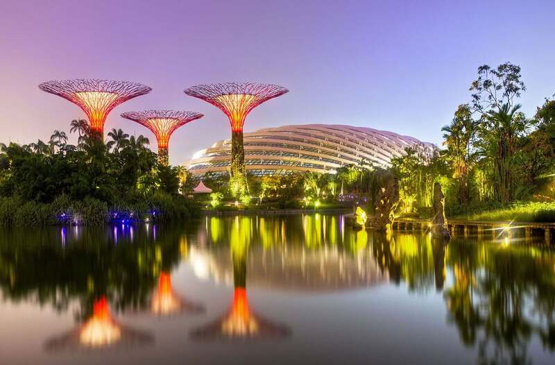 Gardens by the Bay's Supertrees and Cloud Forest dome at dusk